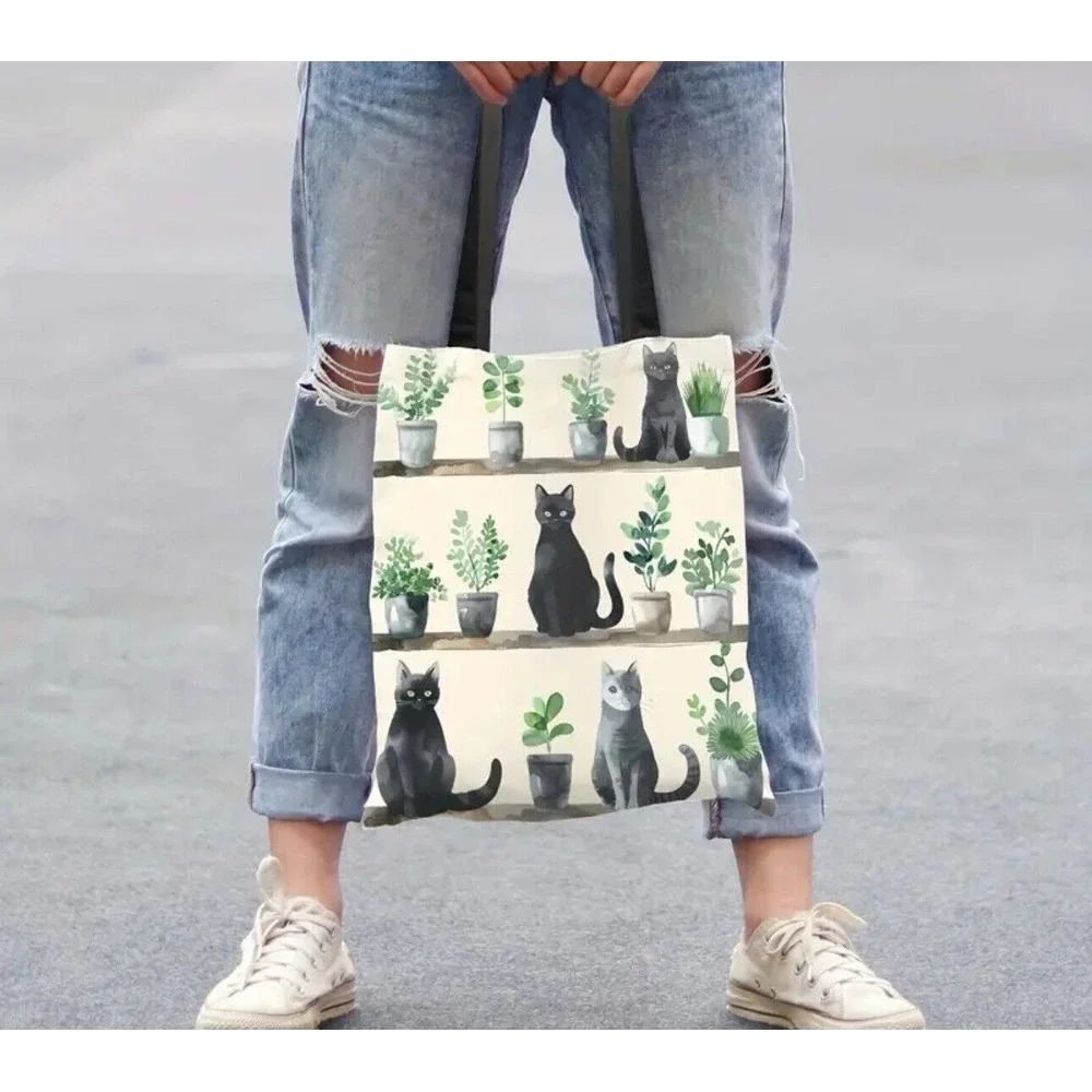 Tote Bag All over Print Black Gray Cats Plants‎ Shopping Bag New